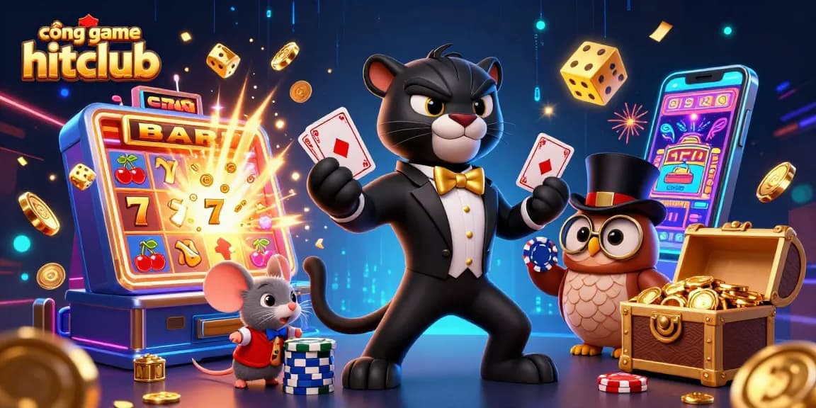 Experience the excitement at cổng game hitclub with stylish characters and vibrant casino elements.
