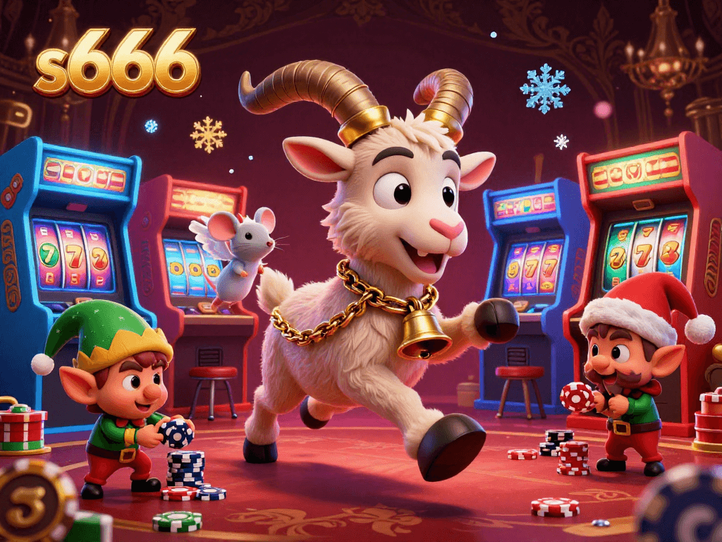 Experience thrilling gameplay at s666 with a lively casino scene featuring Krampus, a mouse, and mischievous gremlins.