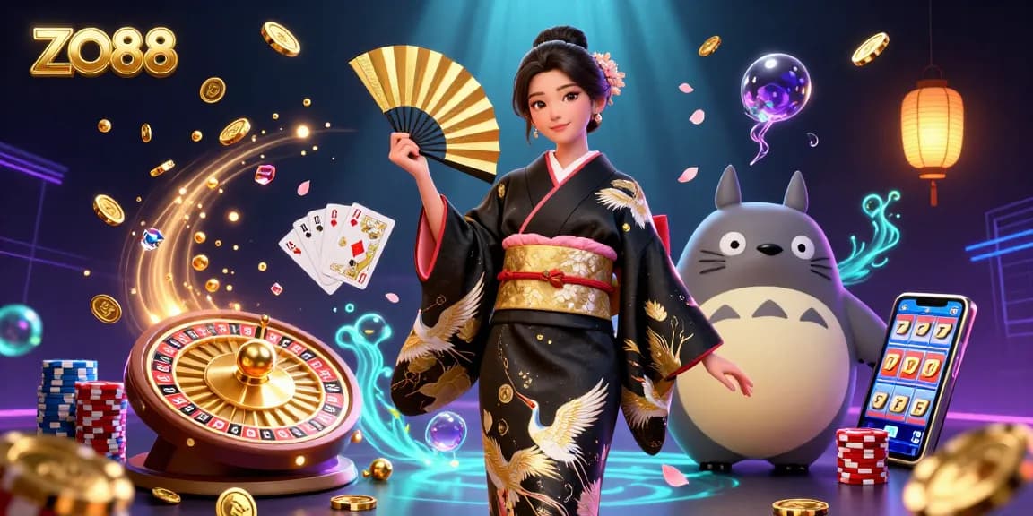 Experience the excitement of ZO88 with vibrant casino elements and a stunning 3D illustration.