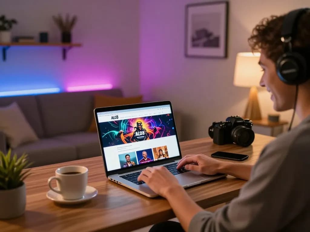 Player engaging with ALO8 casino site on laptop in a cozy home office.
