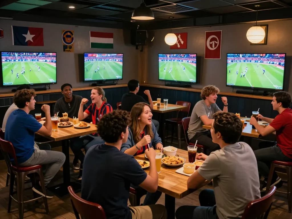Xoilac fans cheering while placing bets during an exciting football match at a lively sports bar.