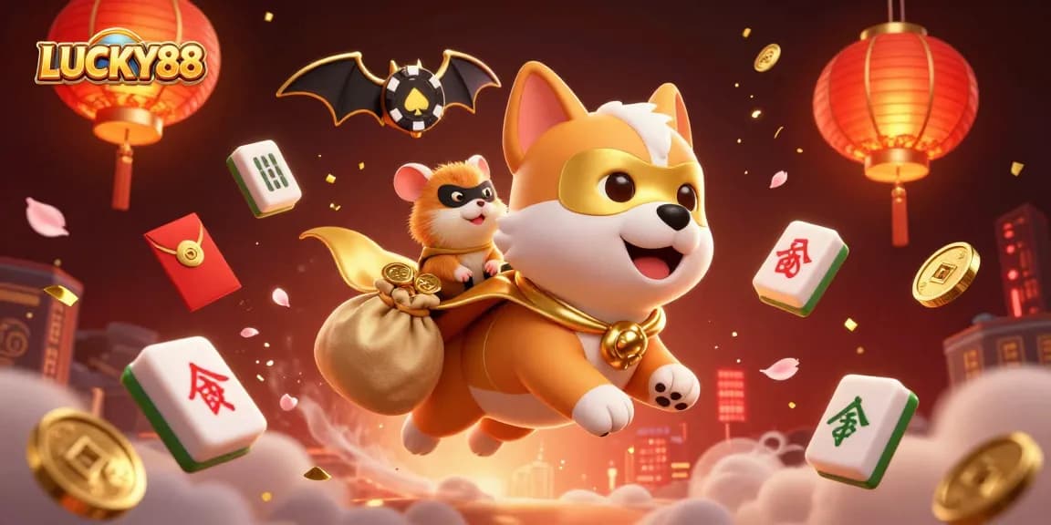 LUCKY88 features a superhero dog with a bag of coins, celebrating casino winnings amid festive elements.