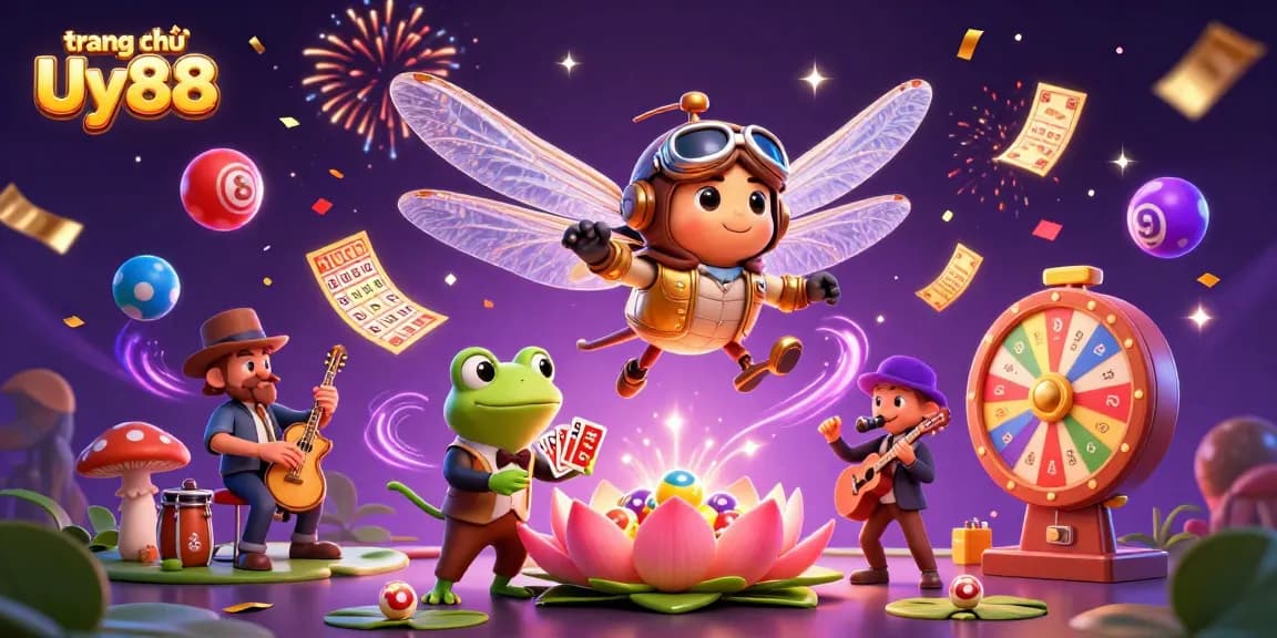 Engage with the dynamic world of trang chủ Uy88, featuring a dragonfly pilot, frog croupier, and vibrant gaming elements.