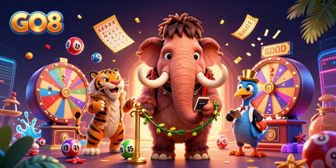 Join the GO8 party with a vibrant casino scene featuring animated lottery elements and an engaging atmosphere