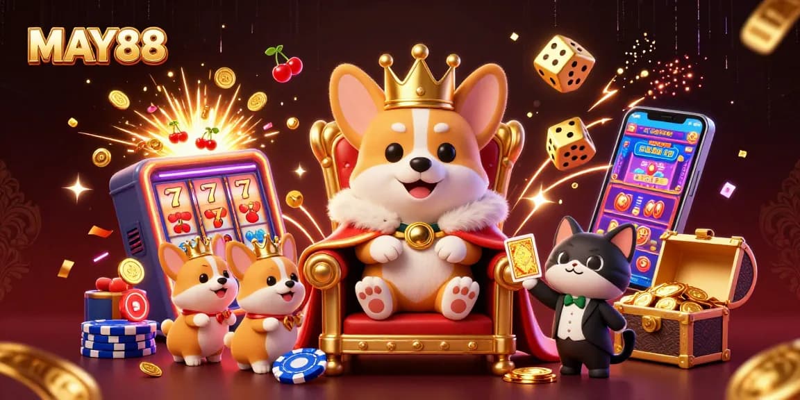 MAY88 showcases a royal corgi surrounded by symbols of casino excitement in vibrant 3D.