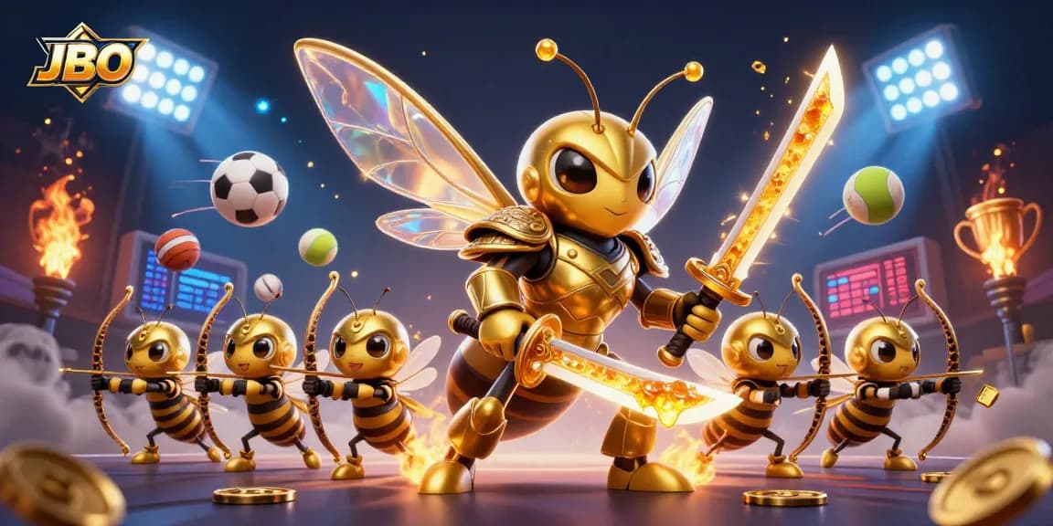 Engage in thrilling gameplay with JBO's vibrant 3D illustration of a samurai hornet and sports action.