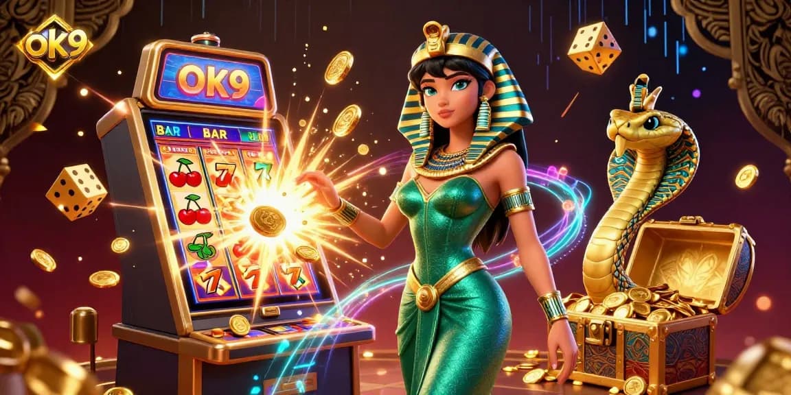 Engage with ok9's exhilarating gaming atmosphere, featuring a dazzling woman and cobra amidst a jackpot explosion.