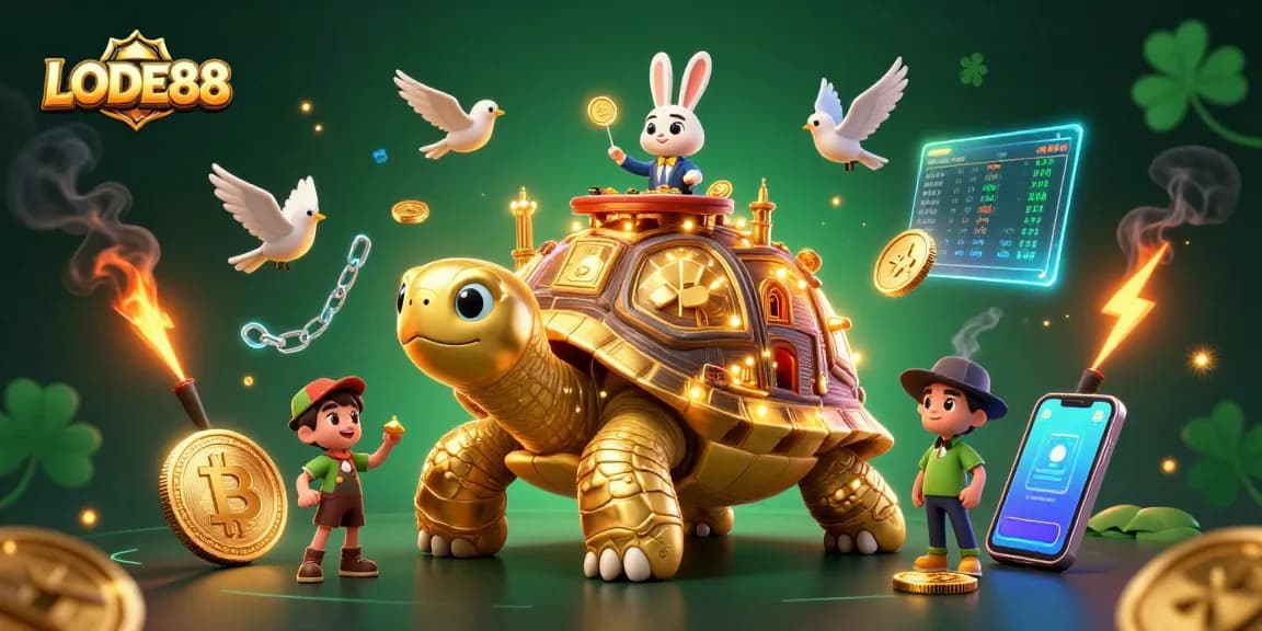 Bet on LODE88 and enjoy a vibrant casino scene with golden tortoise and rabbit dealer.
