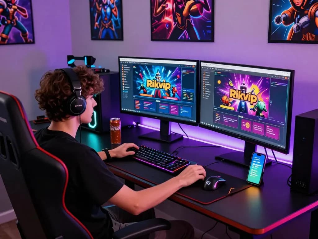 Engaging gaming setup showcasing the Rikvip platform with vibrant monitors and immersive decor enhancing the gaming experience.