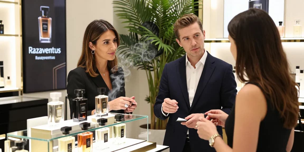 Razaventus perfume display in a luxurious retail setting, highlighting its sophisticated appeal.