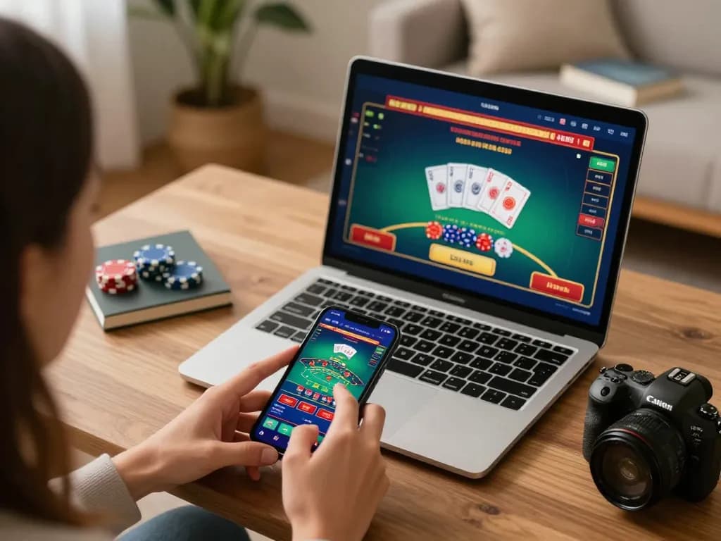 Player immersed in online gambling on a mobile device while using xo88s app in cozy home office.