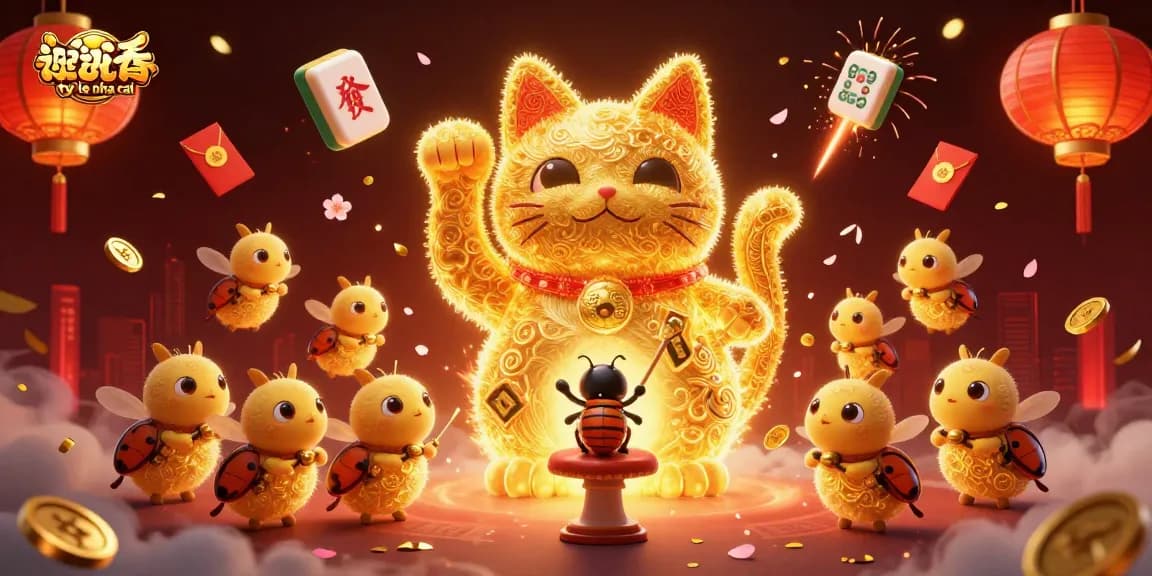 Engage with ty le nha cai through dynamic visuals of a lucky cat and festive casino symbols.