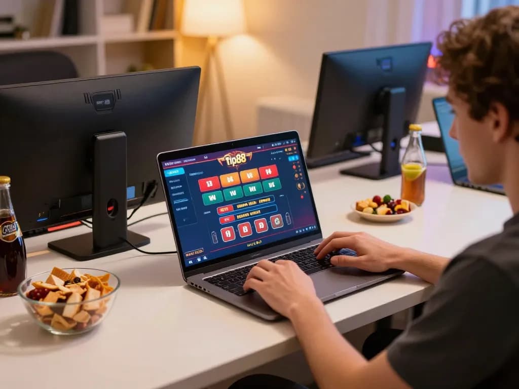 Player enjoying a thrilling tip88 casino game online, celebrating a big win at home