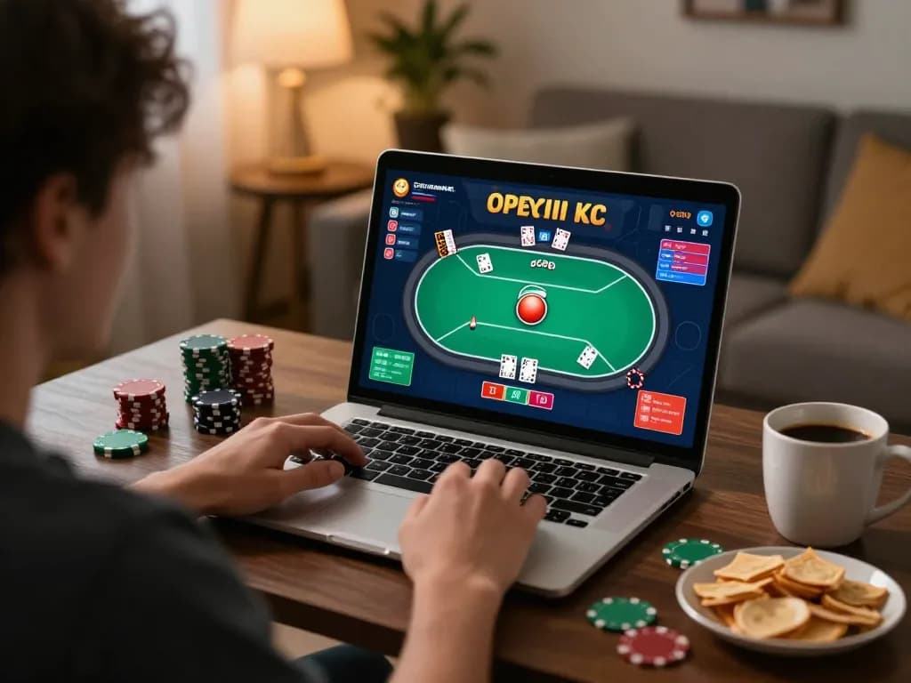 Player engaging in Go88 online poker game, surrounded by a cozy home atmosphere and strategic elements.