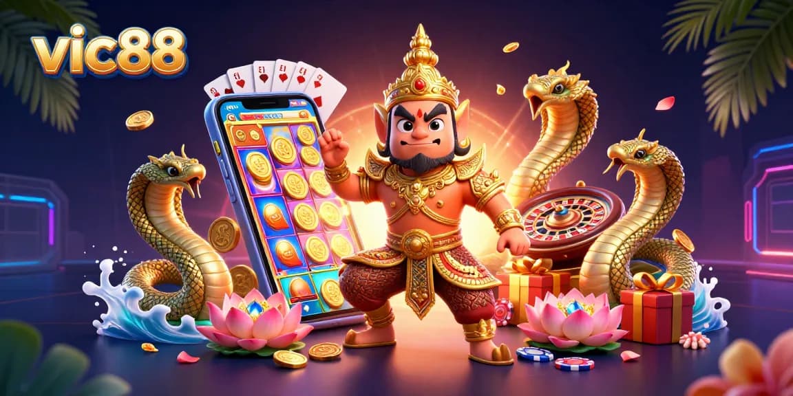Play the vic88 slots with vibrant, engaging elements in this ultra-detailed casino illustration.