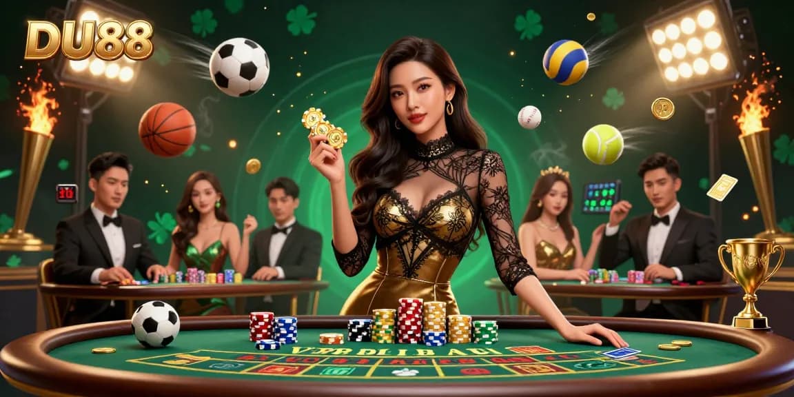 Experience the thrill at DU88's VIP baccarat table with dazzling golden chips and dynamic sports elements.