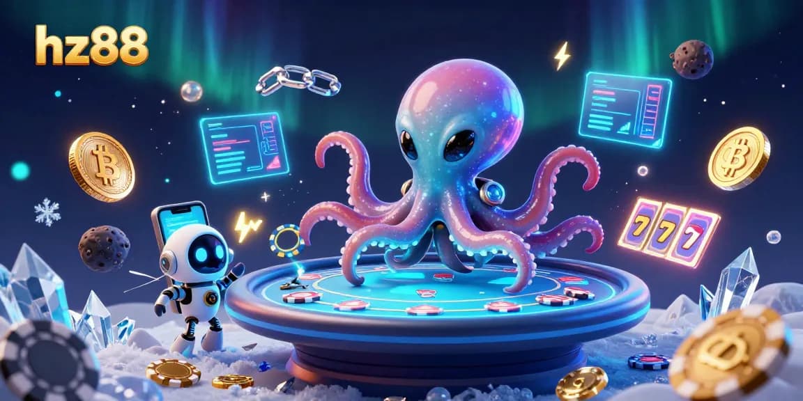 Experience the excitement of hz88 as a cartoon alien octopus plays poker in a cosmic casino.