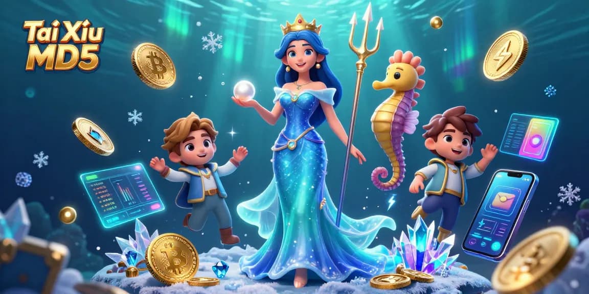 Tài Xỉu MD5 featuring a stunning woman and a seahorse amidst coins and treasures, highlighting underwater action.