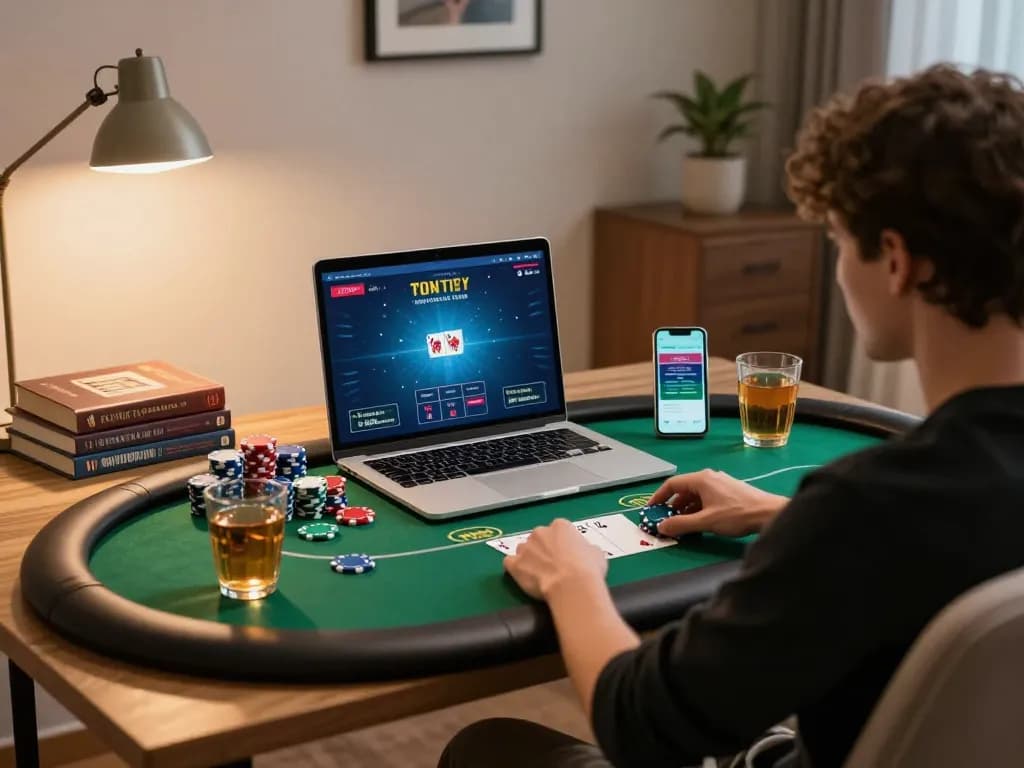 Player immersed in online poker game on trang chủ mm88, showcasing strategic gameplay atmosphere at home.