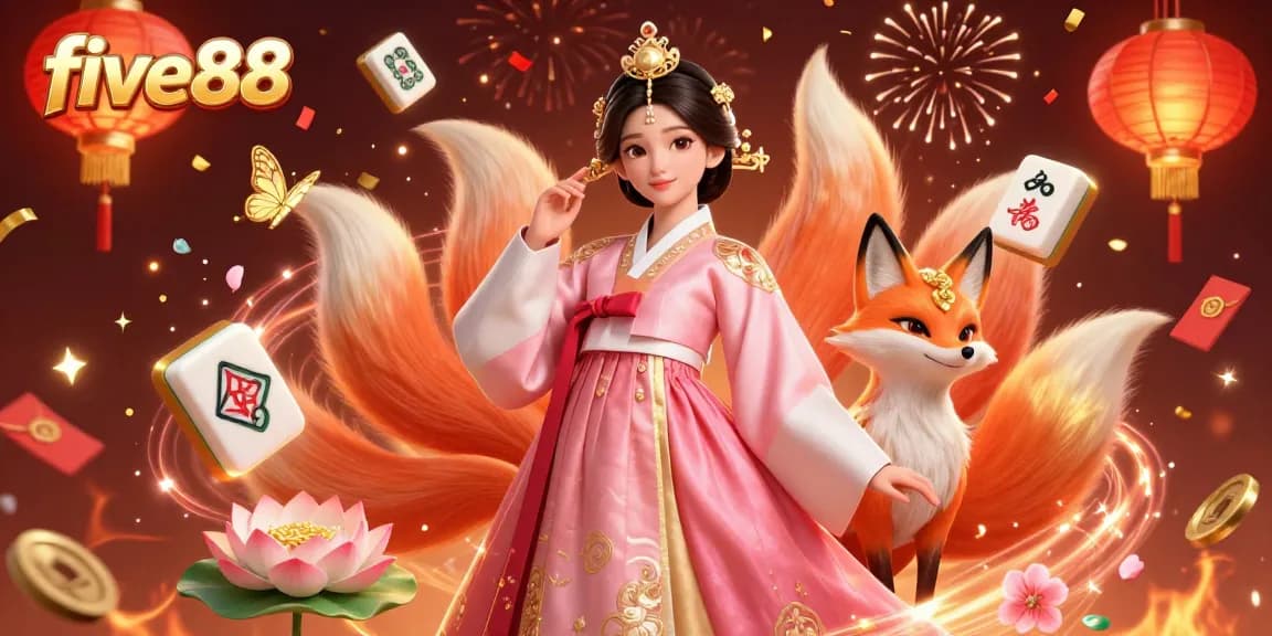 Experience the excitement of five88 with vibrant casino elements and a stunning Asian-themed illustration.