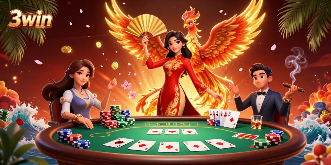 Experience the thrill of 3win as a graceful woman fans herself at a casino, surrounded by vibrant gaming elements.