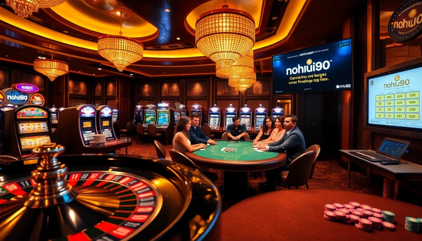 Experience the thrill of gambling with nohu90 at a luxurious casino featuring vibrant tables and games.