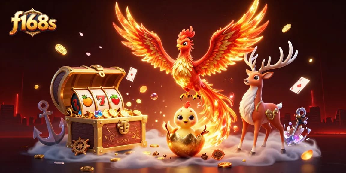 Experience the thrill of f168s with our vibrant casino artwork featuring a phoenix and slot elements.