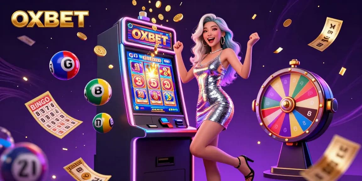 Spin for big wins at OXBET: A glamorous Asian woman celebrates jackpot success amidst vibrant casino elements.