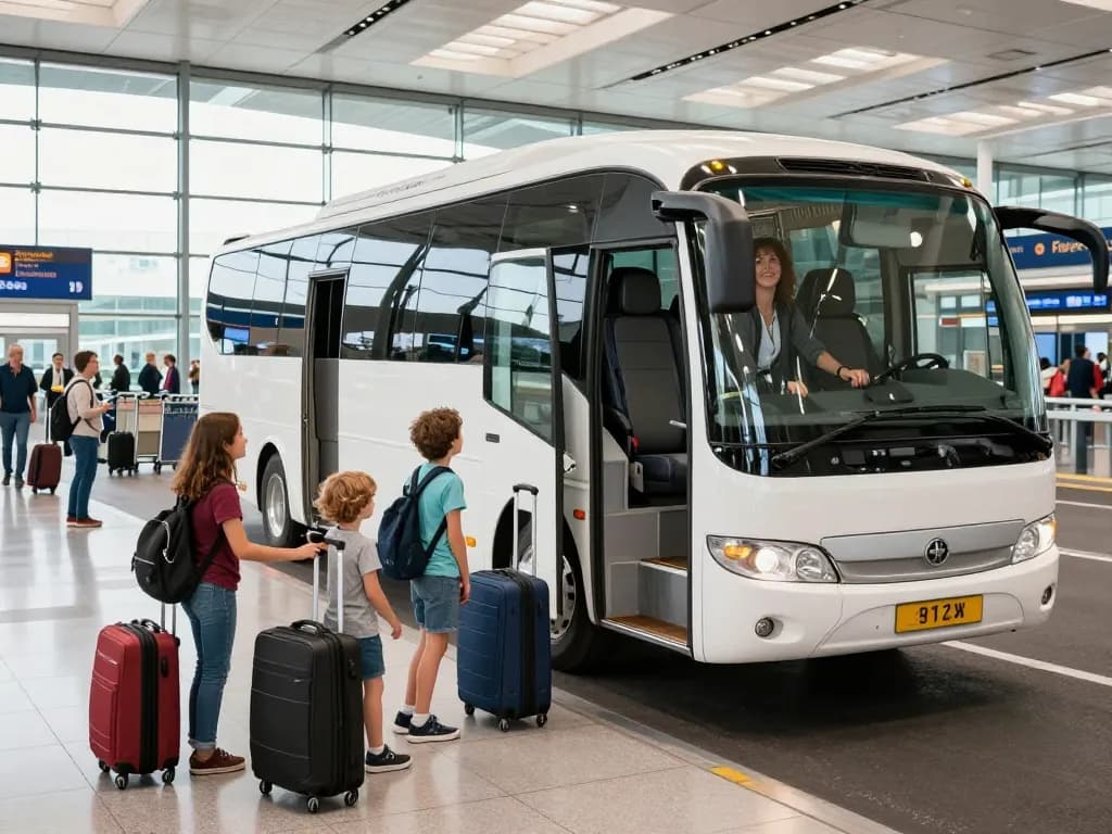 Minibus 5,6,7,8 seater from Manchester Airport waiting for travelers with luggage in bright airport setting.