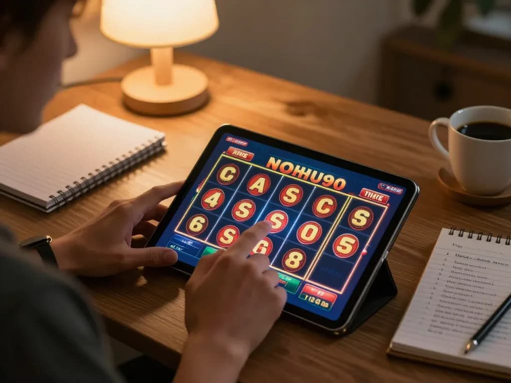 Player excitedly prepares to place a bet on NOHU90 slot game in a cozy home setting.