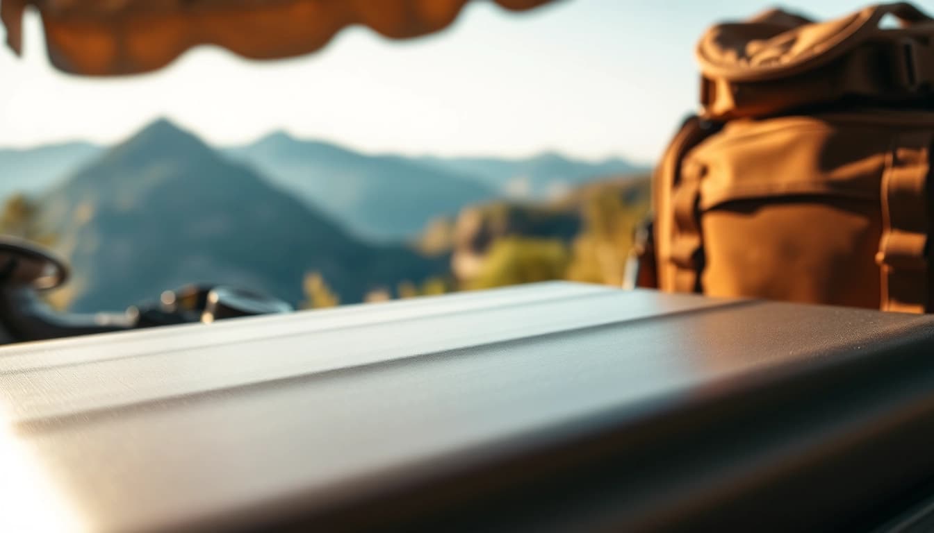 Showcasing a hard case with modern design and travel elements in a natural setting