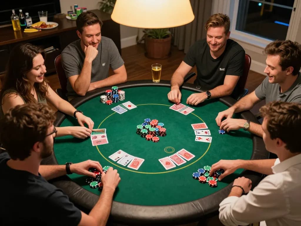Join friends in a high-stakes poker game with DA88-themed chips, laughter, and strategic moves.