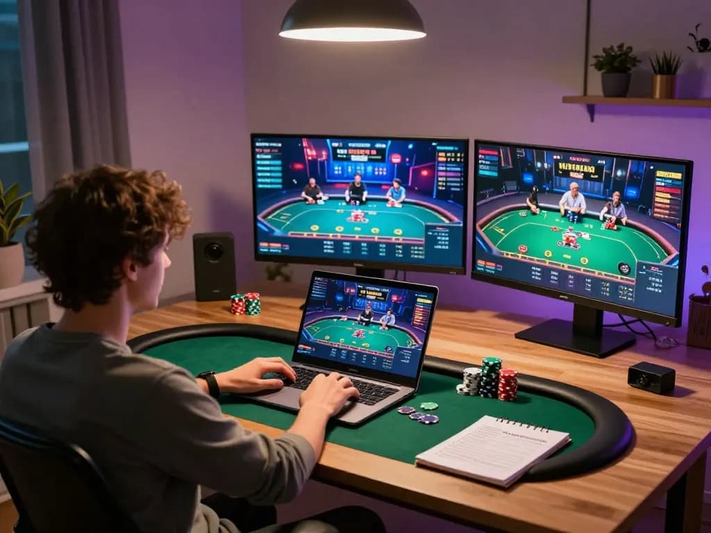 Player enjoying online poker at home with xo88 interface on laptop, surrounded by gaming essentials