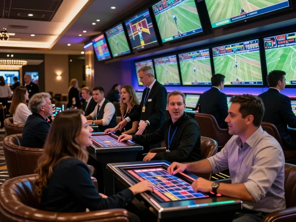 Patrons placing strategic bets at Hbet's sports betting lounge with vibrant screens.
