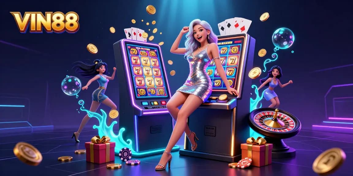 Win big at VIN88 with a vibrant 3D casino scene of excitement and celebration!
