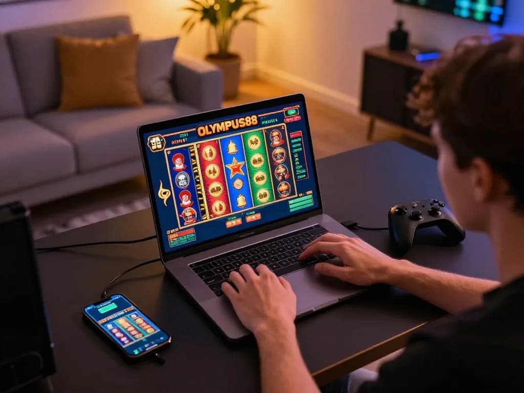 Engaging scene of a player enjoying OLYMPUS88 slots on a laptop, showcasing dynamic online gaming