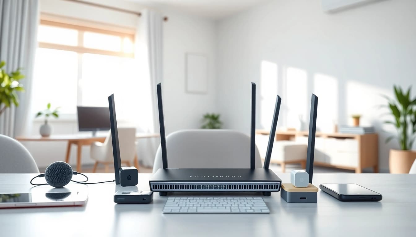 Explore pre configured vpn router uk in a modern home office setup with sleek tech accessories.
