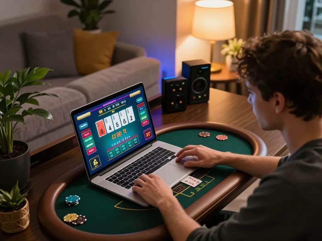 Engaging in a thrilling game of blackjack on mu 88 platform with vibrant interface and cozy home setup