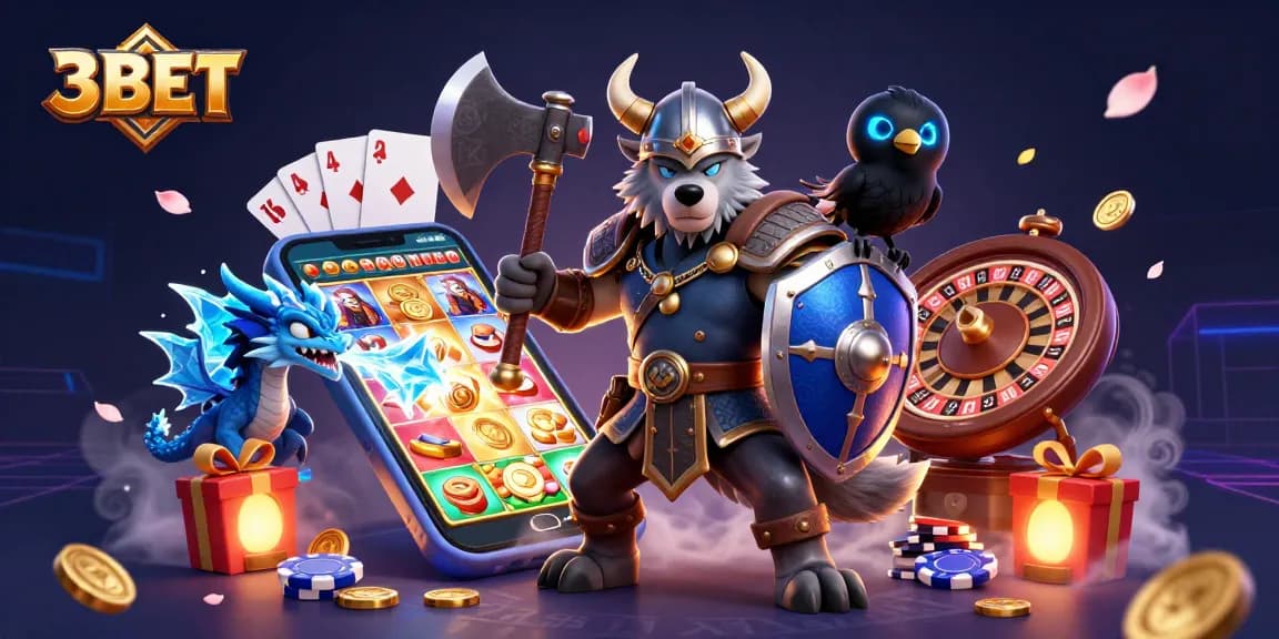 Engage with 3BET in this vibrant casino scene showcasing epic gaming elements and playful characters.