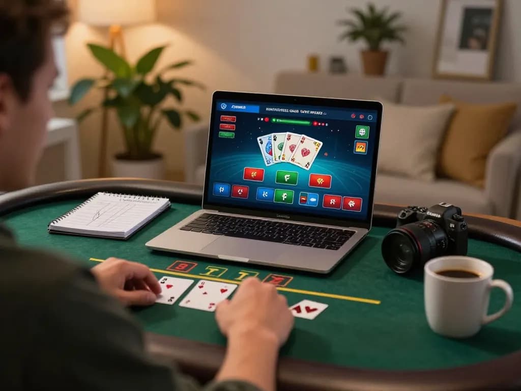 Engaging in live dealer blackjack at OXBET with strategic gameplay setup at home.