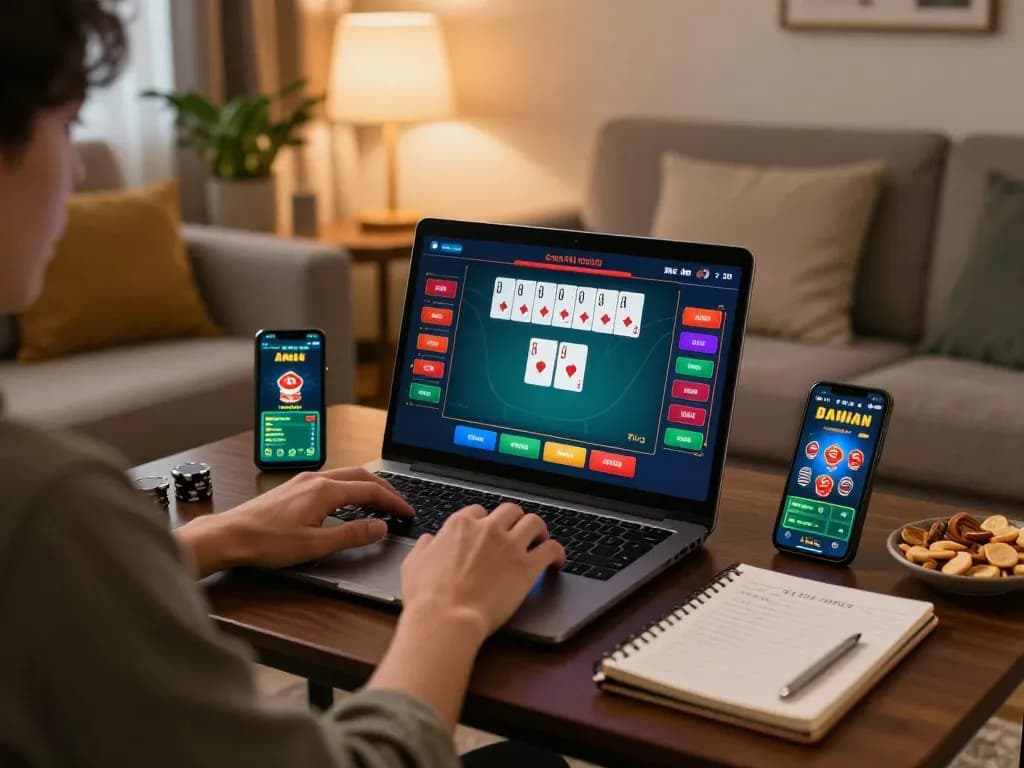 Person enjoying online casino gaming with ga6789 interface on laptop in cozy living room.