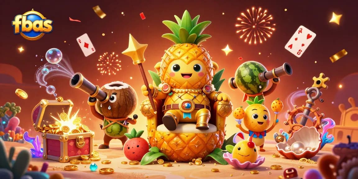 Experience the vibrant kingdom of fbas with the golden pineapple king, coconut guards, and a lively beach casino.