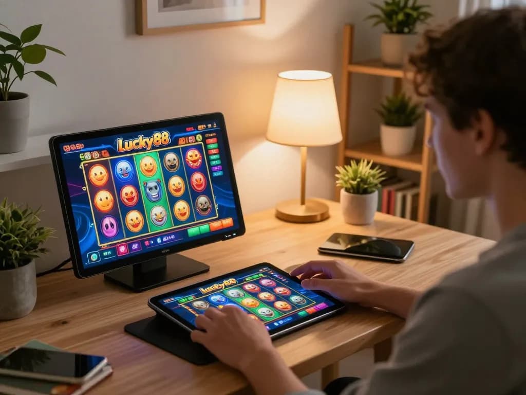 Player enjoys Lucky88 slot game on a tablet at home, showcasing engaging online gambling experience.