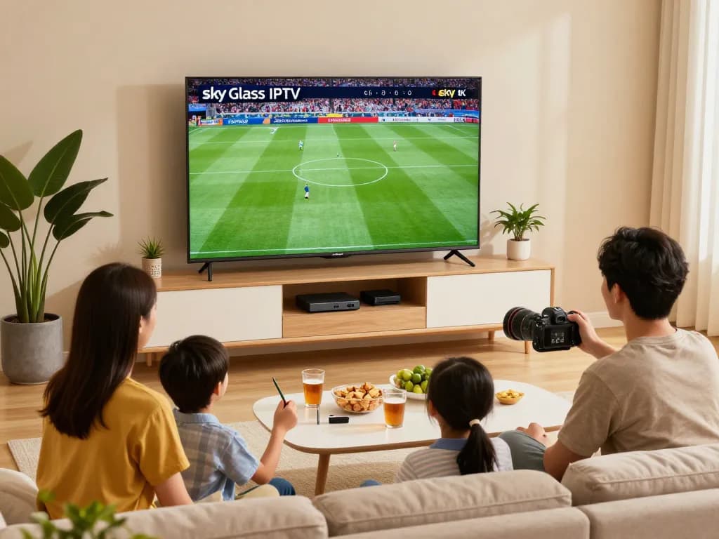 Family enjoying quality time watching Sky glass IPTV in a cozy living room.