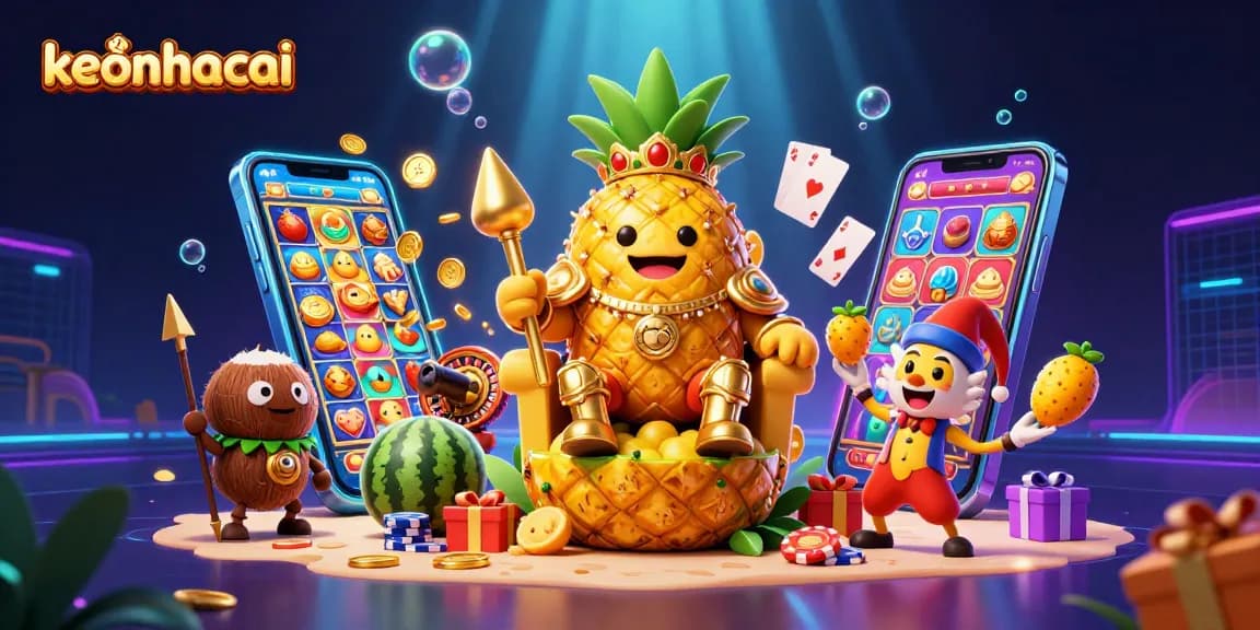 Engage in thrilling gameplay at keonhacai with vibrant illustrations of the golden pineapple king ruling the beach casino.