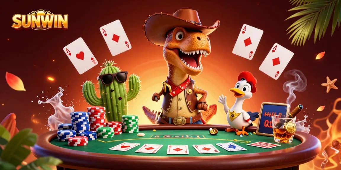 SUNWIN introduces thrilling moments at a lively poker scene featuring a dinosaur and friends.