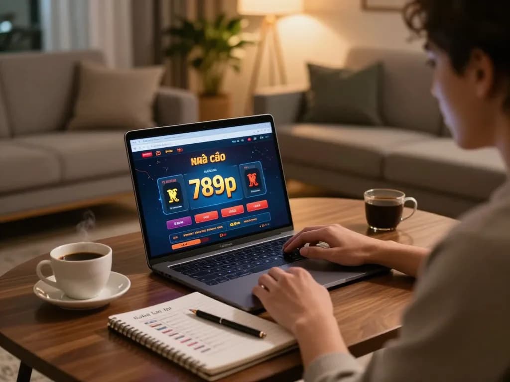 Player exploring nhà cái 789p on a laptop in a cozy home setting with strategical notes.
