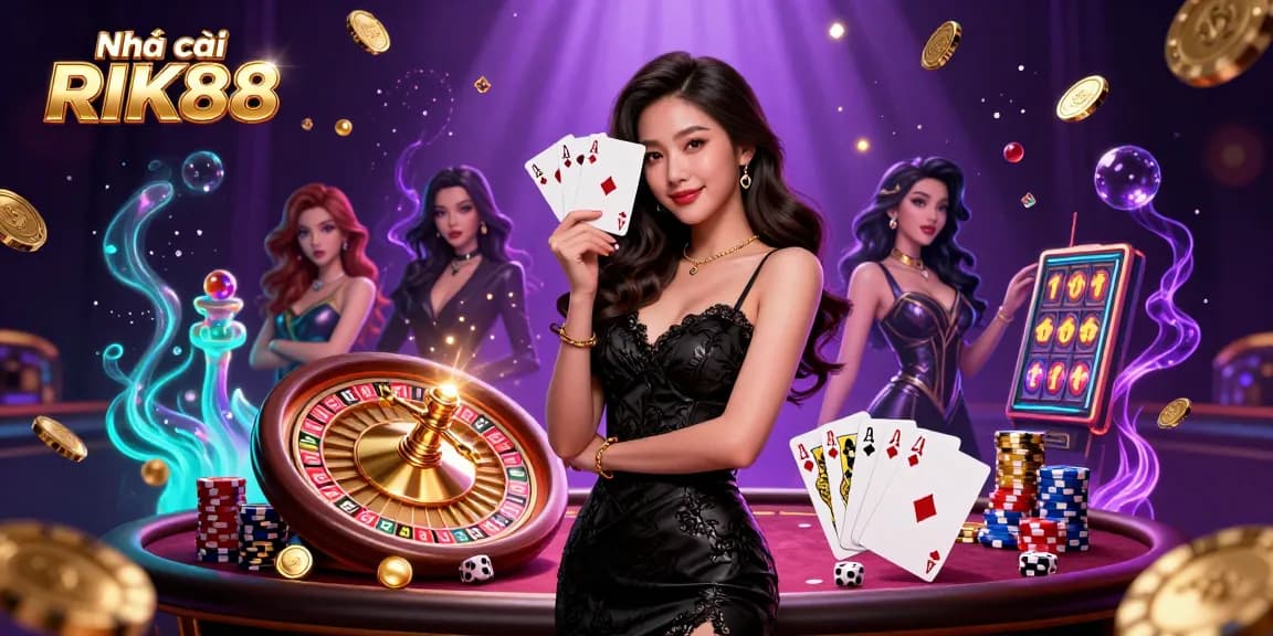 Experience the thrill of Nhà cái RIK88 with an elegant woman holding winning cards in a vibrant casino scene.