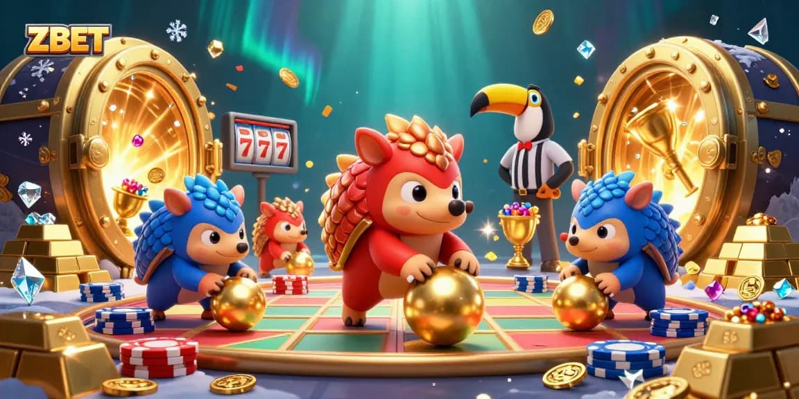 ZBET brings excitement as rival pangolins bowl through slots and poker chips in this vibrant casino scene.