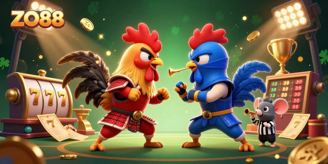 Experience thrilling gameplay at ZO88 with twin fighting roosters, casino elements, and dynamic action.